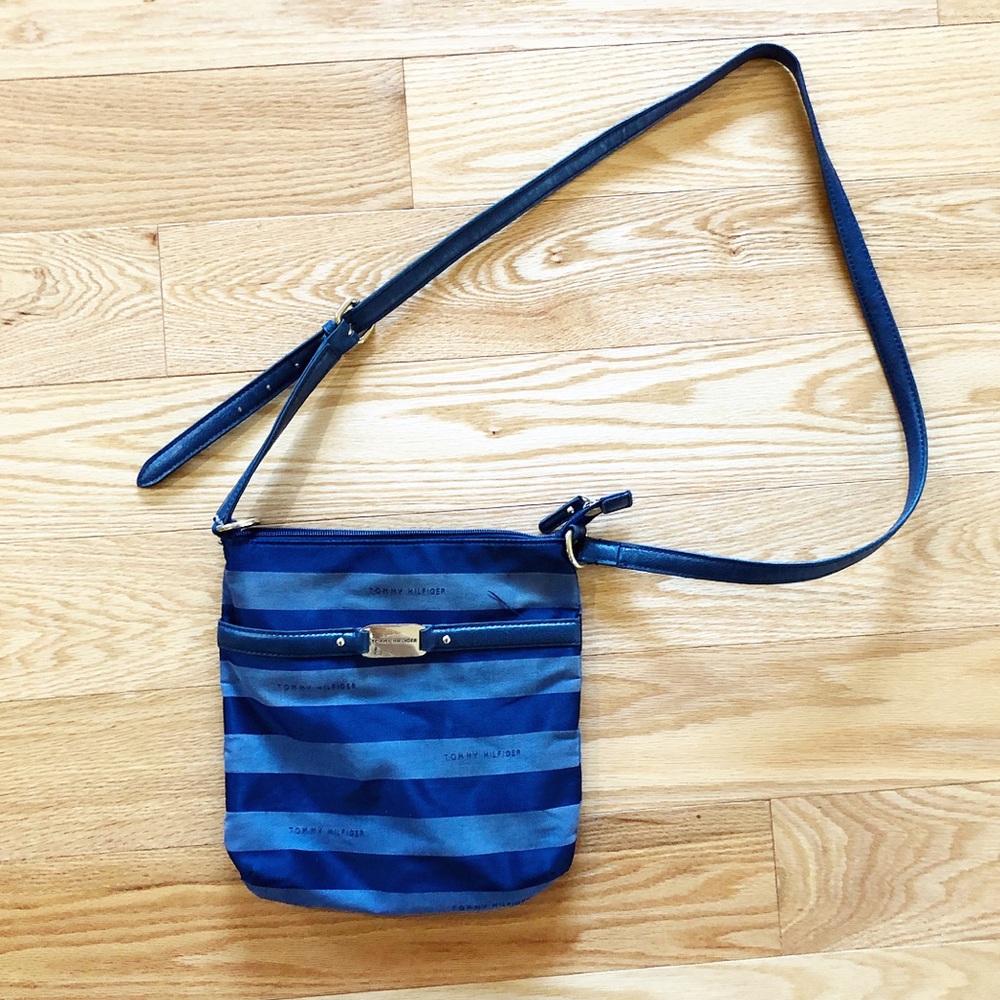 Blue striped canvas Tommy Hilfiger crossbody purse